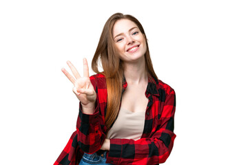 Sticker - Young pretty woman over isolated chroma key background happy and counting three with fingers