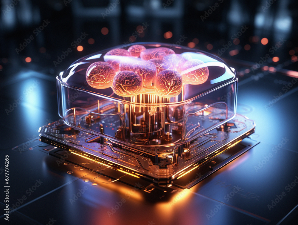 The bewitching brain of artificial intelligence. Neon light, thinking ...