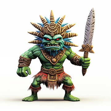 Green horned tribal looking monster with red eyes wearing leather armor and belts with sword in his hands isolated on white background. Fantasy creature. Muscular warrior orc with weapon in his hands.