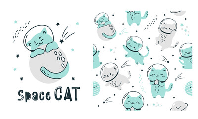 Wall Mural - Vector set for printing on children's products. Seamless pattern and print for printing. An astronaut cat hugs the moon and sleeps on it. Space cat inscription. Vector illustration