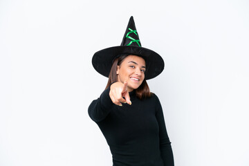 Wall Mural - Young caucasian woman costume as witch isolated on white background points finger at you with a confident expression