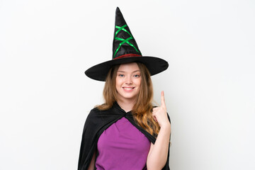 Canvas Print - Young pretty woman costume as witch isolated on white background pointing with the index finger a great idea