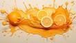 Bright orange slices with splashes of orange paint. Concept: Rich color and dynamic paint movement create a feeling of freshness and energy. Citrus juice. Banner with place for text