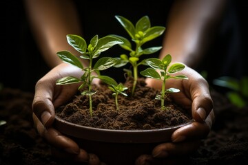 Sticker - Hands of a person planting green plants in the soil