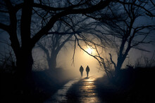 Horror, Fantasy, States Of Mind Concept. Two Human Silhouettes Walking On Empty Winding Road During Dense Fog At Night. Old Big Without Leaves Tree Silhouettes Growing In Both Sides Of The Road