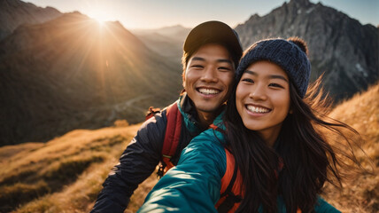 Wall Mural - portrait of happy hiker couple taking selfie photo on top of mountain, Two Asian travelers with backpack smiling at camera together, Influential travel blogger streaming using smart mobile phone
