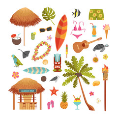 Poster - Cartoon Color Hawaiian Beach Party Icons Set Concept Flat Design Style Include of Cocktail, Palm, Bar and Surf Board. Vector illustration