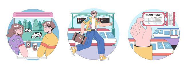 Train trip set. Characters traveling by train. Passengers with luggage getting on train. Railway travel and tourism. Flat vector illustration