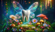 © All Creative Lines - Magic fairy tooth with translucent wings flying through magic forest with glowers