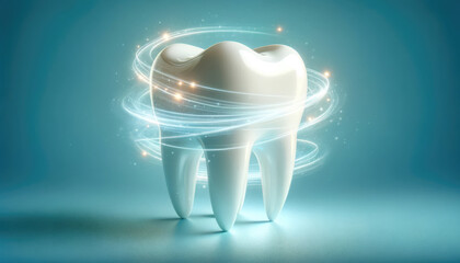 white tooth with swirling light effects creating an aura of cleanliness and health, set against a bl