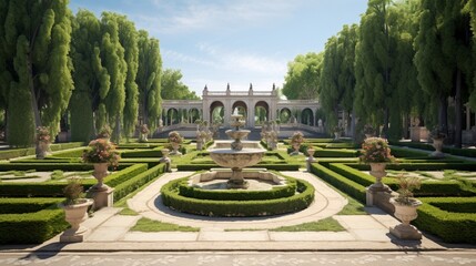 Wall Mural - A panoramic view of a formal garden with symmetrically arranged flower beds, ornate fountains, and elegant marble statues amidst lush greenery.