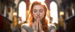 © Mickael - woman prayer sitting in church. woman praying for god in the church and Jesus giving blessing. Thank you to God for great is your love. Faith in religion and believe in God. Generative ai