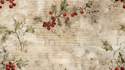 Sticker -  a painting of holly branches with red berries on a piece of paper with writing on the bottom of the image.