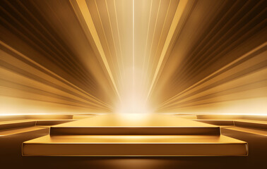 gold podium with a gold light beams shining on a stage	
