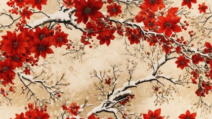 Poster -  a painting of a tree with red flowers on a cream background with snow on the branches and on the ground.