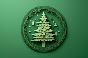 Eco christmas concept green background. Pine tree made in papercut craft technic