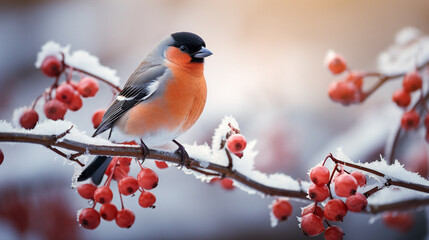 Bullfinch on a branch with red berries in the winter forest.  Generative AI