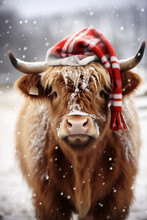 Highland Cow With Santa Hat In Snow