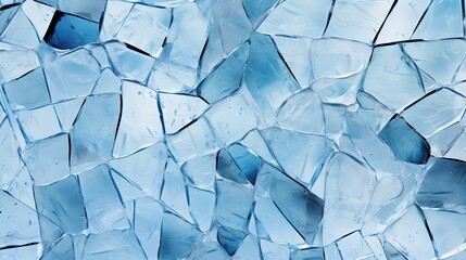 Poster -  a close up of a wall made up of blue glass blocks of varying sizes and shapes, with a blue sky in the background.