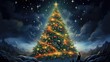  a painting of a christmas tree in a snowy landscape with stars and a star on the top of the tree.