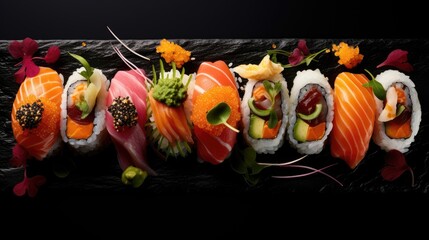 Wall Mural -  a variety of sushi is arranged on a black platter with garnishes and garnishes.