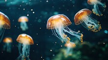  A Group Of Jellyfish Floating In An Aquarium Filled With Green And Yellow Jellyfish Floating In The Water And Looking Like They Are Floating In The Air.