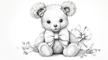 Wall Mural -  a black and white drawing of a teddy bear with a bow on it's head sitting on the ground.