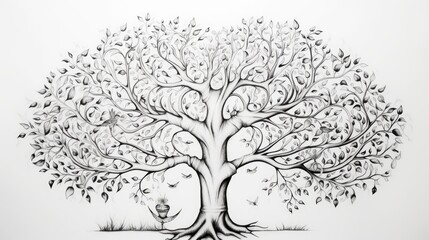 Sticker -  a black and white drawing of a tree with lots of leaves and a man in the middle of the tree.