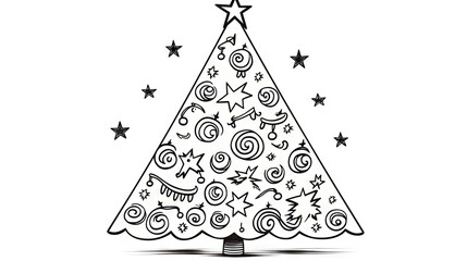 Poster -  a black and white drawing of a christmas tree with swirls and stars on the top of the christmas tree.