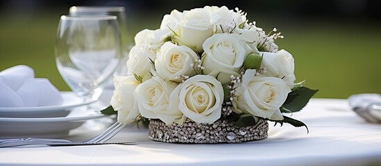 Wall Mural - The stunning white roses adorned with a ribbon were elegantly displayed on the table adding a touch of luxury to the garden wedding celebration as guests admired the breathtaking floral arr