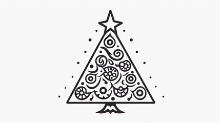 Sticker -  a black and white drawing of a christmas tree with swirls and a star on the top of the tree.