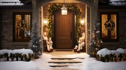 Poster -  a couple of teddy bears sitting on a bench in front of a house decorated with christmas lights and wreaths.