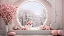 A Window With A View Of A Snowy Landscape And Pink Flowers In A Vase And A Vase Of Flowers On A Window Sill.