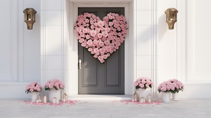 Canvas Print -  a heart - shaped arrangement of pink flowers sits in front of a door with two vases of pink roses in front of it.