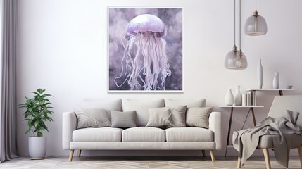 Sticker -  a living room with a white couch and a painting of a jellyfish on the wall and a potted plant in the corner.