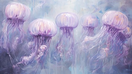 Canvas Print -  a painting of a group of jellyfish in purple and blue colors with water droplets on the bottom of their heads.