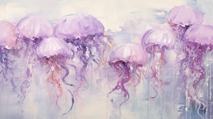 Sticker -  a painting of a group of jellyfish in purple, pink, and purple hues on a light blue background.