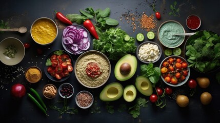 Poster -  a table topped with bowls and bowls filled with different types of vegetables and dips on top of each other.