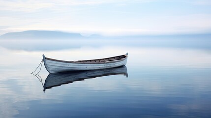  a white boat floating on top of a lake next to a shore covered in fog and low lying white clouds.