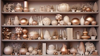 Wall Mural -  a shelf filled with lots of different types of christmas ornaments and ornaments on top of each shelf and on top of each other.