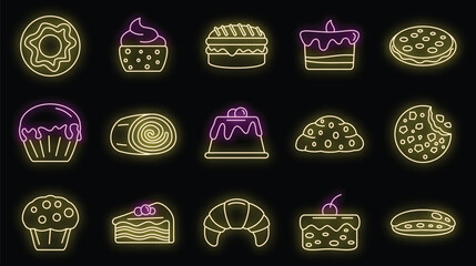 Wall Mural - Tasty confectionery icons set. Outline set of tasty confectionery vector icons neon color on black