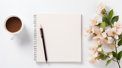 Sticker -  a cup of coffee next to a notepad and a pen on a white surface next to a bouquet of flowers.