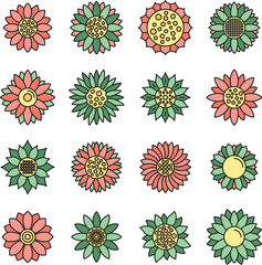 Canvas Print - Botanical sunflower icons set. Outline set of botanical sunflower vector icons thin line color flat on white