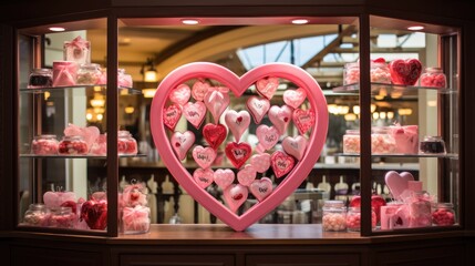 Wall Mural -  a display case filled with lots of pink and red heart shaped candies and marshmallows in a store window.