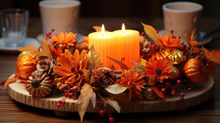 Poster -  a candle sitting on top of a wooden table surrounded by autumn leaves and acorns on top of a wooden plate.