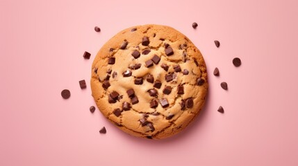 Sticker -  a chocolate chip cookie on a pink background with chocolate chips scattered around it and a bite taken out of one of the cookies.