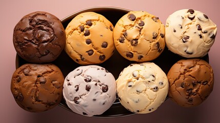 Sticker -  a group of chocolate chip cookies and ice cream in a metal bowl on a pink background with a pink background.