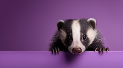 Wall Mural -  a close up of a small animal on a purple surface with it's paws on the edge of a purple surface, with the animal's head peeking over the edge of the edge of the edge of a purple surface.