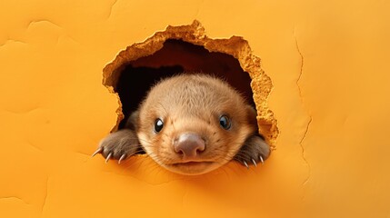 Wall Mural -  a close up of a small animal peeking out of a hole in a yellow wall with it's head sticking out of it's hole in the wall.