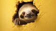  a baby sloth peeks out of a hole in a yellow wall with a fork sticking out of it's mouth and a fork sticking out of it's mouth.